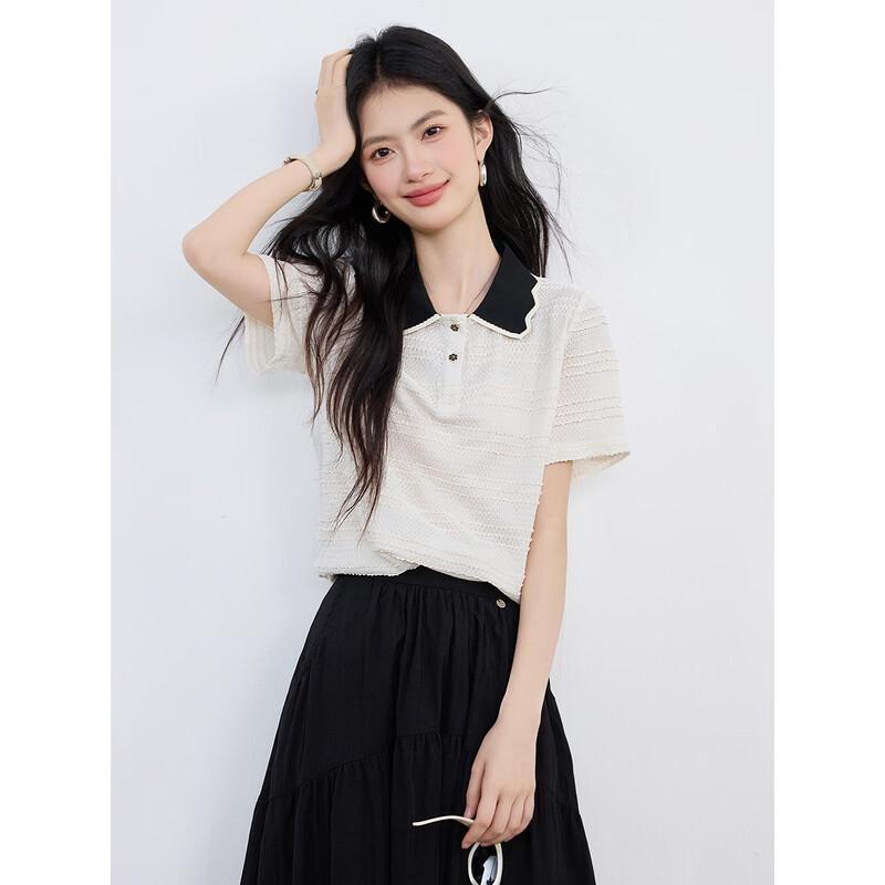 Women's Color Block Polo Collar Short Sleeve T-Shirt