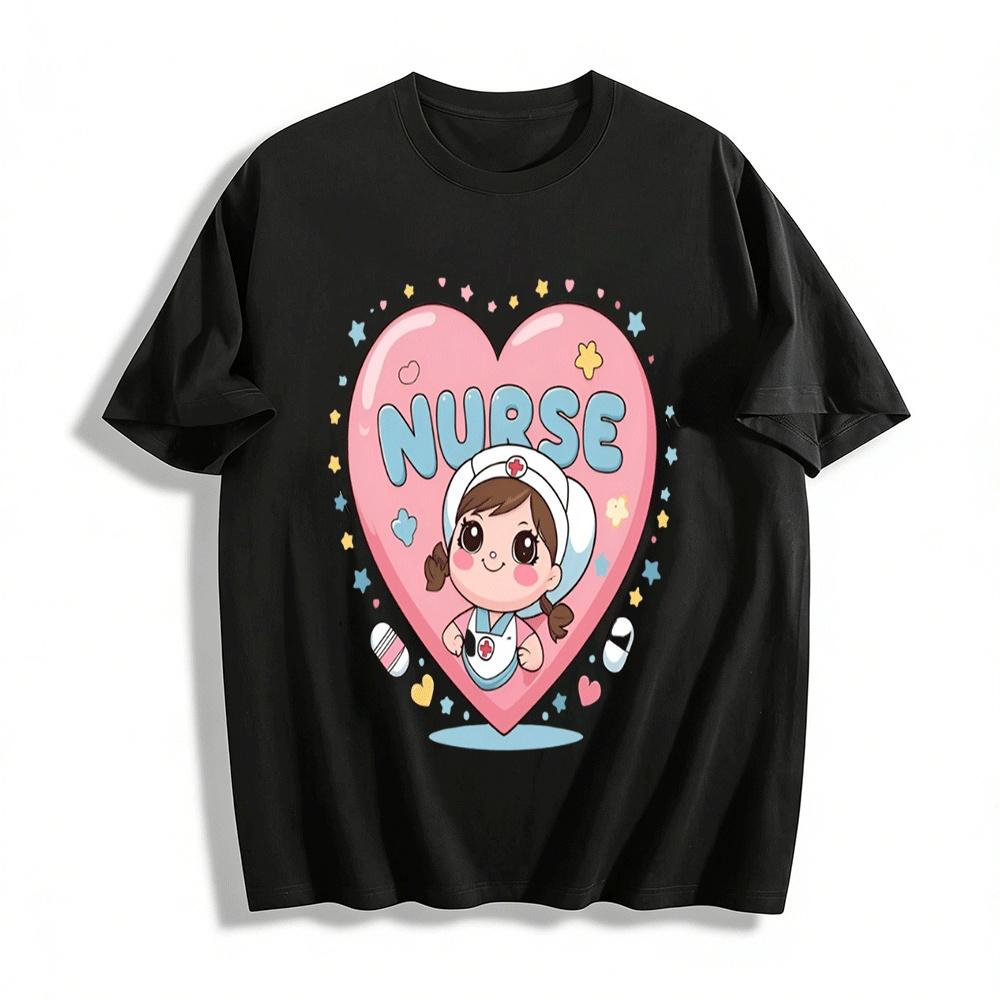 Cute Nurse Heart Print Casual Top Women s Comfy Daily Crewneck T-Shirt Pure cotton T-shirt XXS