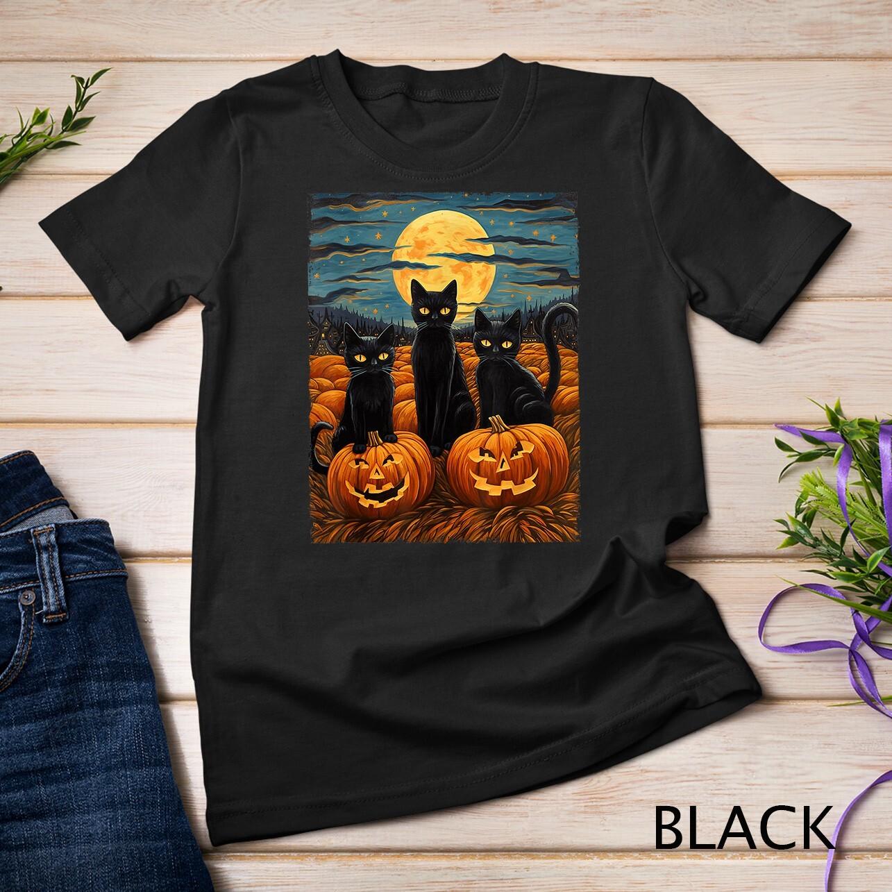 Black Cat Halloween Cat Lovers Starry Night Cat Van Gogh Cat Unisex T-Shirt Mens Womens Tees Top 2XL