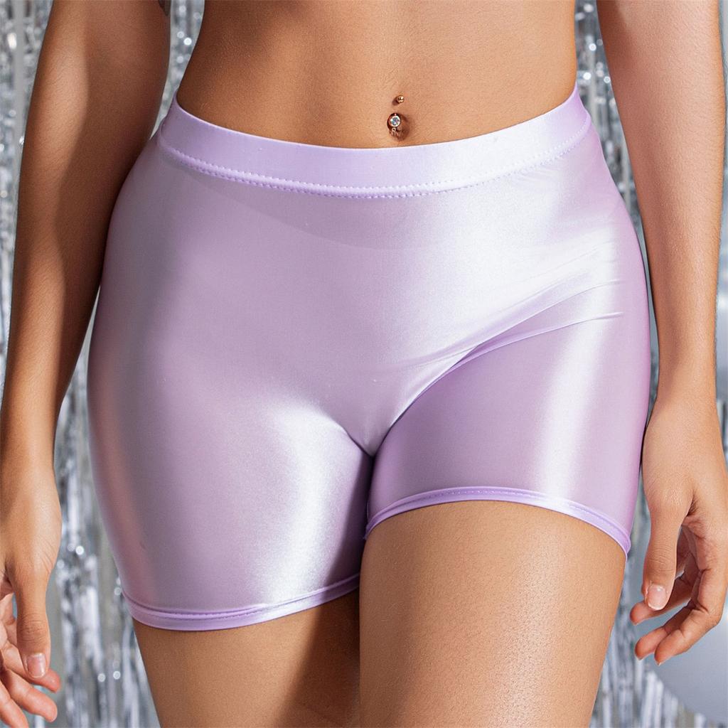 Pantaloncini sportivi attillati da donna, sexy, di media lunghezza, effetto lucido