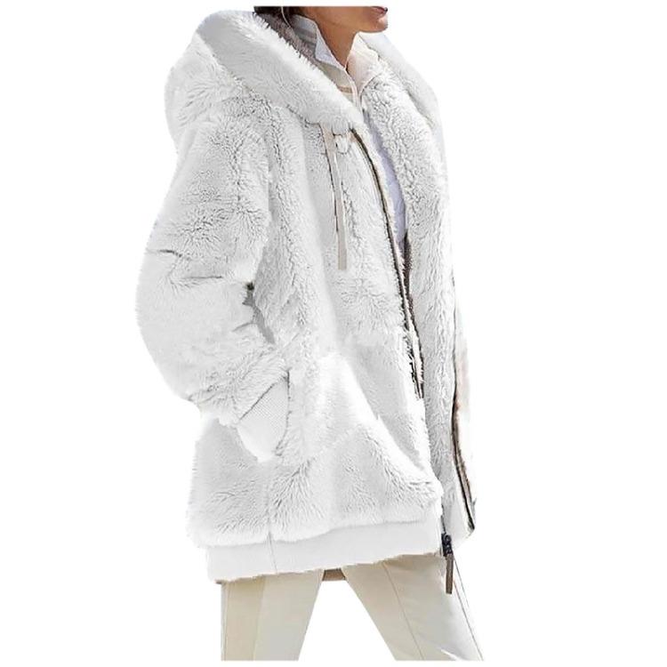 Winter Women Fashion Loose Plush Hooded Coat Long Sleeve Zipper Pocket Solid