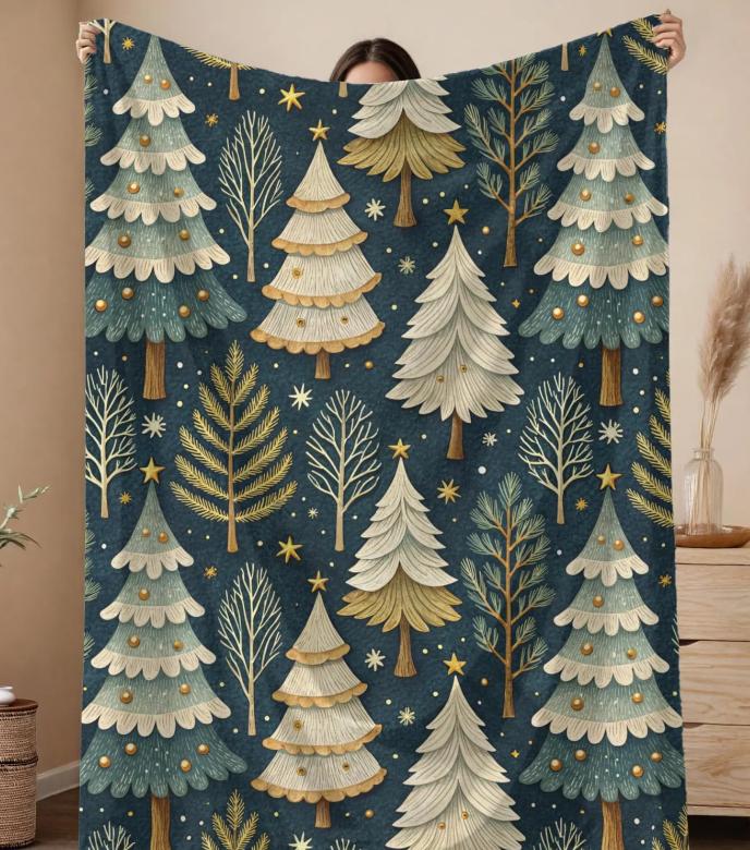 Christmas Throw Blanket Pine Forest, Nordic Holiday Decor Green Gold, Winter Trees Sofa, Bedroom Blanket, Home Decoration