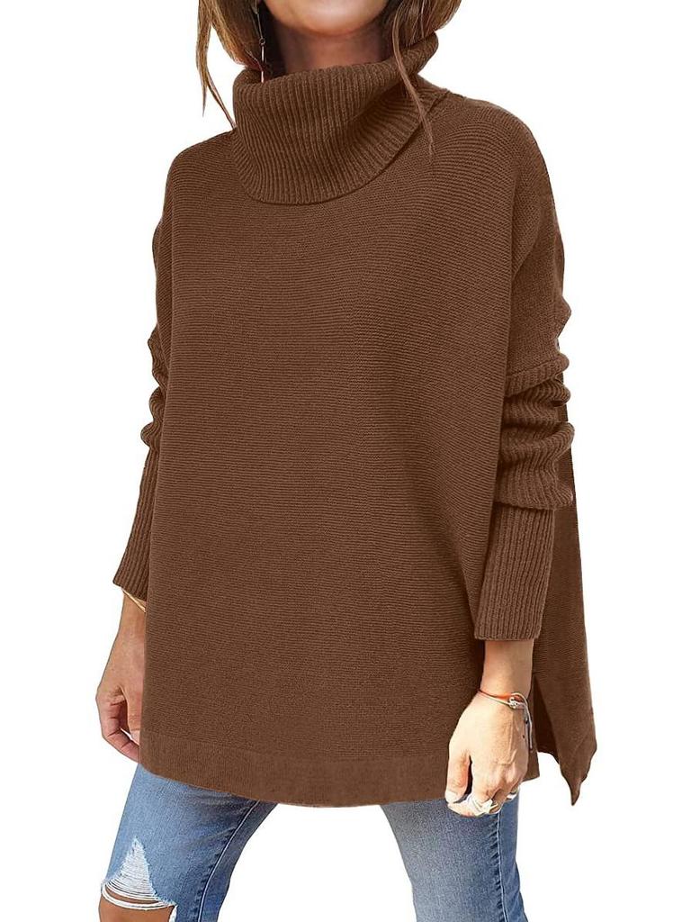 2024 Damen Hochhals Oversized Mittellanger Fledermausärmel Pullover mit Schlitzsaum und Taillengürtel