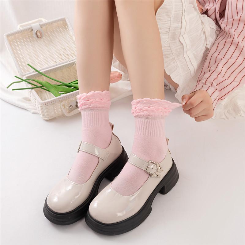 Lotus leaf lace socks women's cotton tube socks spring and autumn fungus edge lolita black and white college style princess short tube socks