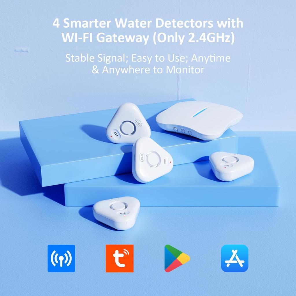 Smart Water Leak Detectors for Home WiFi with App Alerts, Stechro Ajustable 120dB Water Sensor Alarm Leak Detector for Basements Sink Kitchen