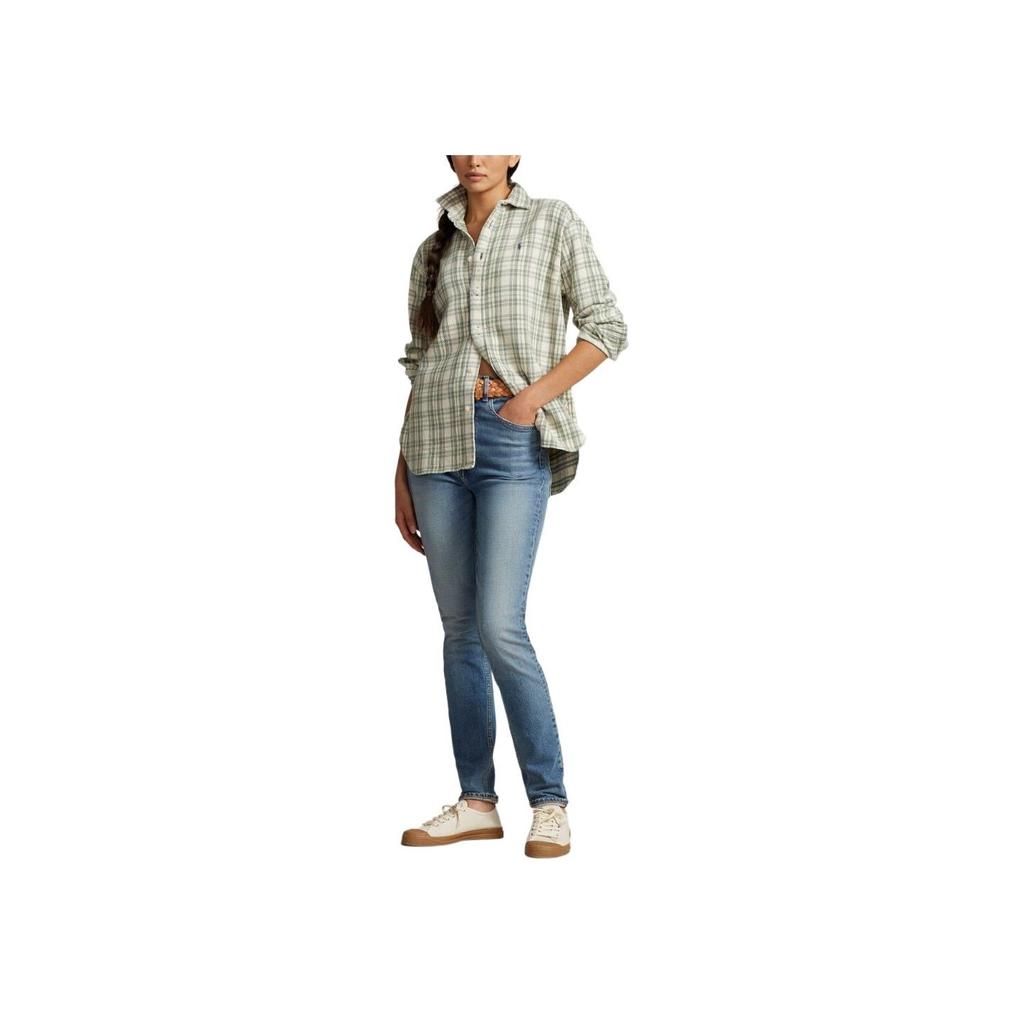 Polo Ralph Lauren SS24 Embroidered Plaid Single-Breasted Loose Long Sleeve Shirt Women Shirts Moss-Green 211928701-001