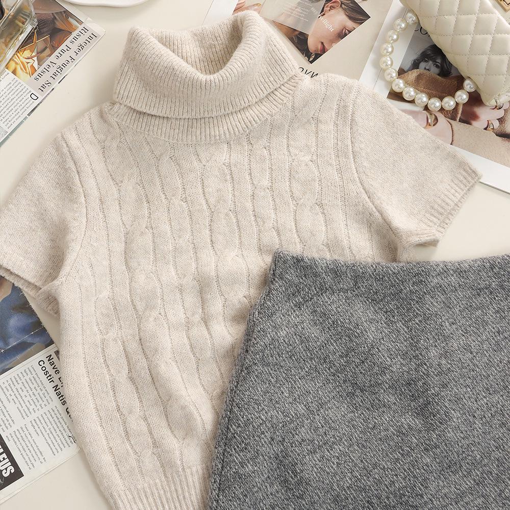 Women's Versatile Liu Liu Style High Neck Short Sleeve Knit Wool Sweater