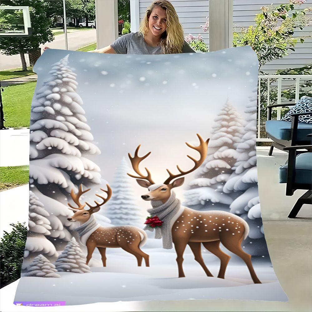 Winter Wonderland Hert Knusse Fleece Deken - Zacht Sneeuwachtig Bosontwerp met Schattige Bruine Herten met Grijze Sjaals - Perfect vo