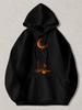 Men' & Women' Black Hooded Sweatshirt with Orange Crescent Moon Balloon Graphic - Surreal Art Pullover Hoodie Casual Streetwear Ho