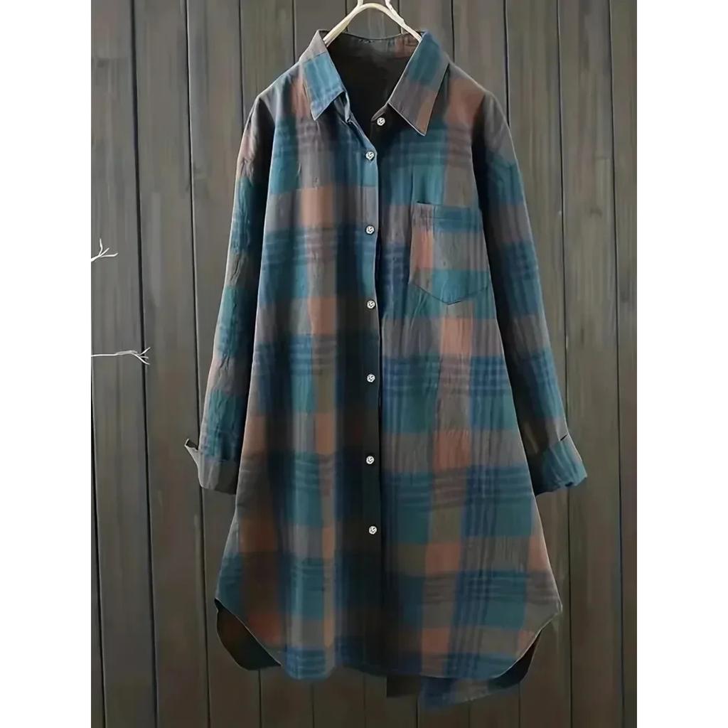 Plus Size Women Spring and Summer Fashion Checkered Printed Casual Long Sleeved Loose Shirt with Pockets and Lapel Top