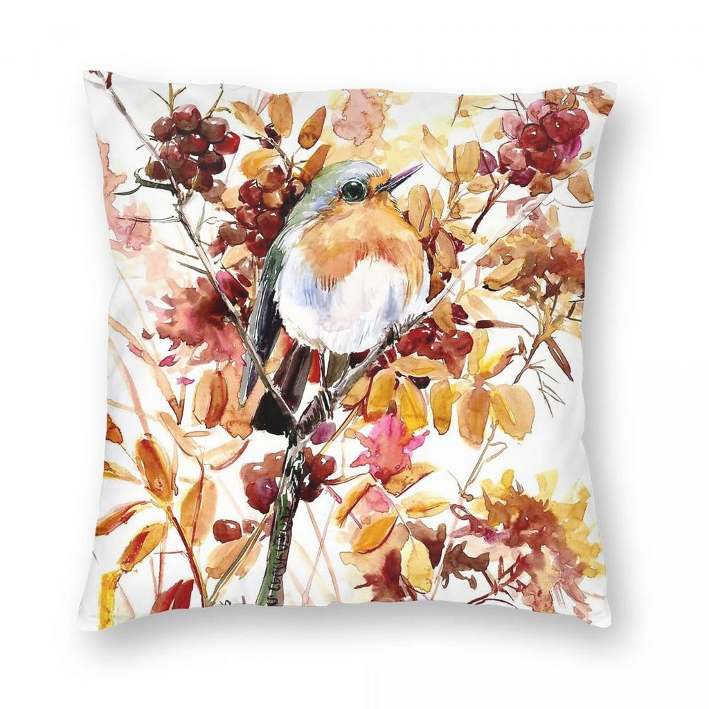 Robin Bird And Fall Colors Square Pillowcase Polyester Linen Velvet Creative Decor Throw Pillow Case Sofa Cushion Wholesale