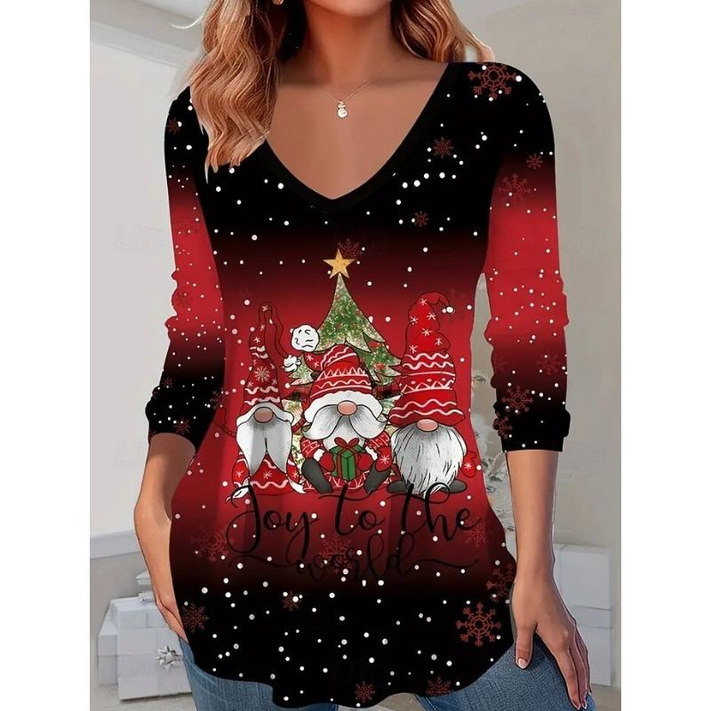Christmas Women's T Shirt Graphic Vintage Stylish Classic Long Sleeve V Neck Regular Tops Daily Print