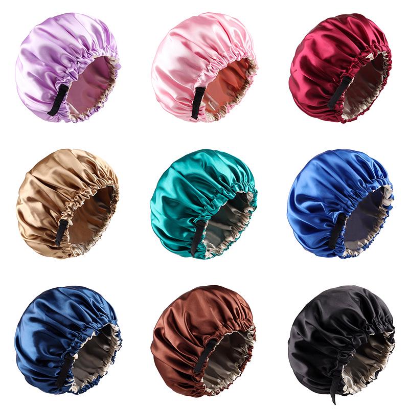 Dual-Layer Satin Sleep Cap with Adjustable Buckle, Reversible Solid Color Design - Elastic European/American Shower Cap