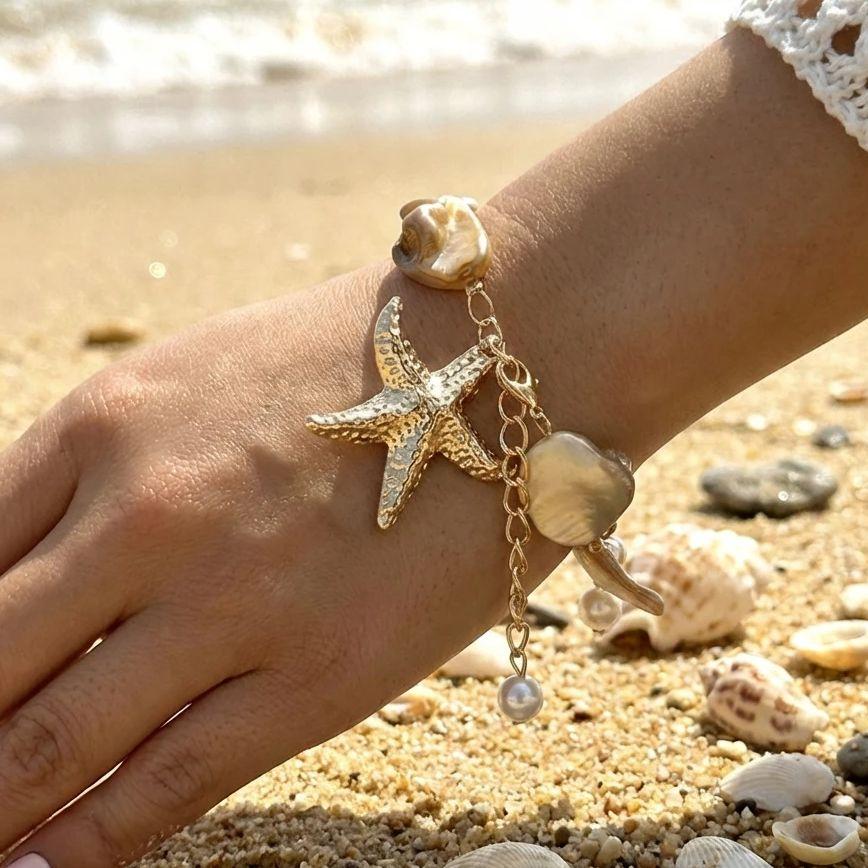 Bohemian Beach Style Bracelet For Women Gold Color Big Starfish Shell Conch Charm Bangle Girls Summer Vacation Jewelry Accessory