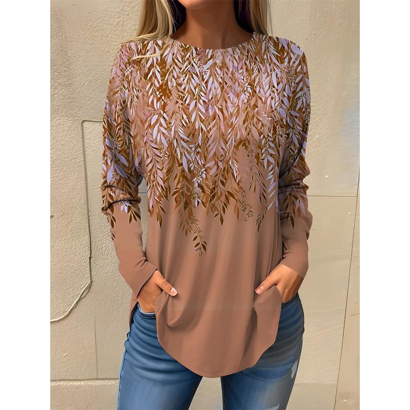 2025 Women's T shirt Tee Floral Print Long Sleeve Basic Sweatshirt Fashion Round Neck Regular Fit Floral Painting