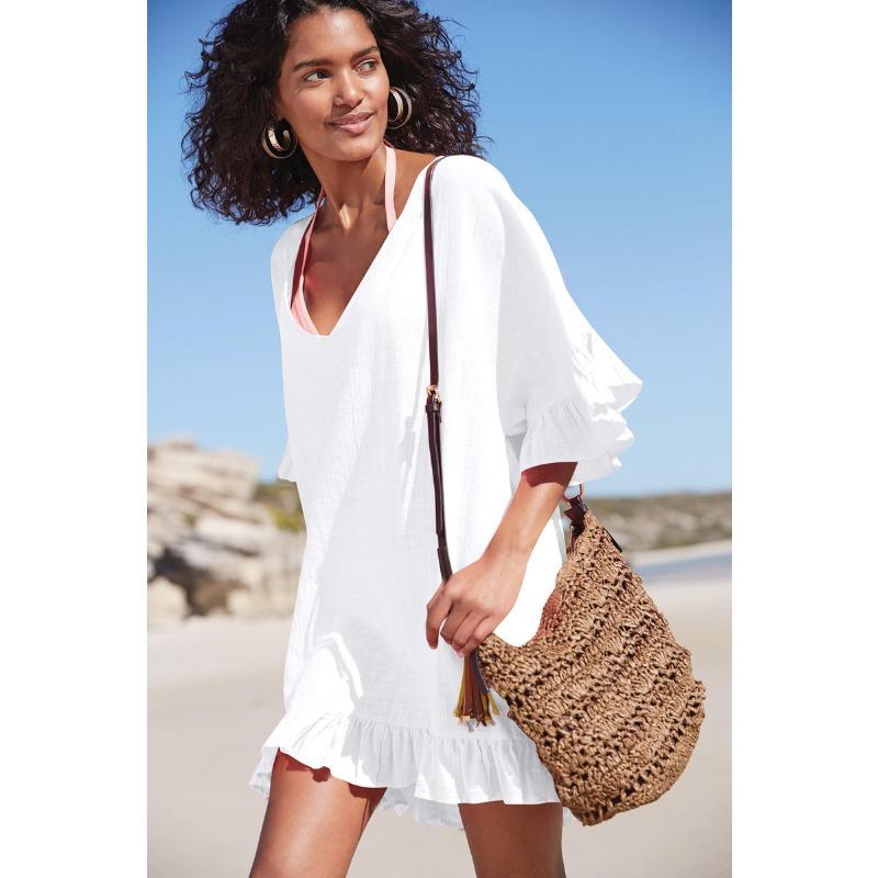 

Летние женские пляжные купальники больших размеров с завязками и оборками, бикини, верхняя солнцезащитная одежда, платья One Size белый