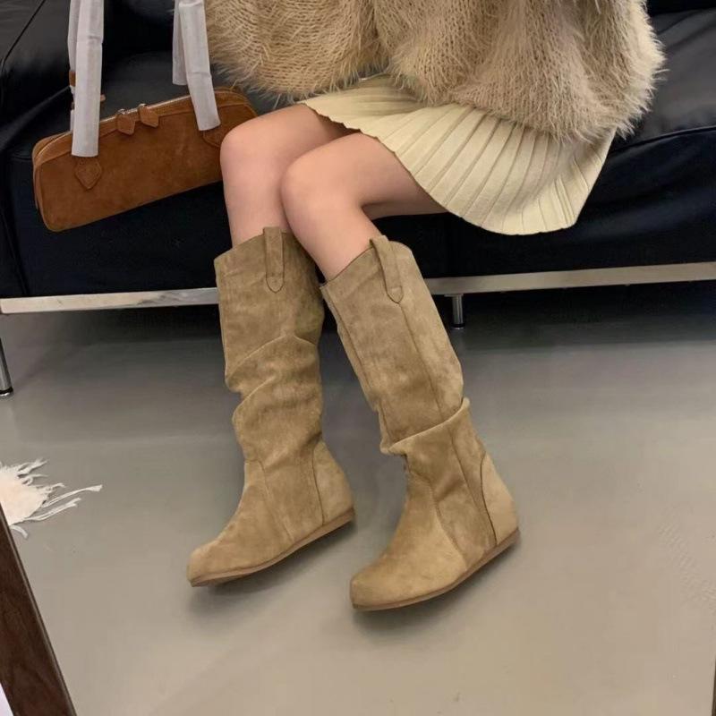 

Pile boots women s inner height increase cowhide retro 2025 new fashion but knee boots slim high boots 39 хаки