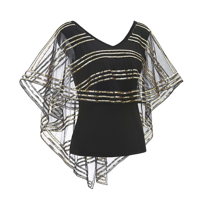 

Топ для выступлений с V-образным вырезом, сетчатый, с пайетками, приталенный Medium золотой/чёрный