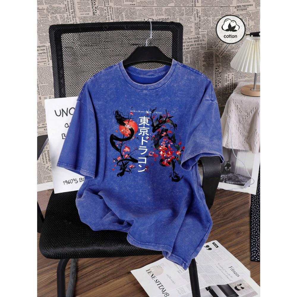 Tokyo Harajuku Dragon Cherry Blossom Print Women Washed T-Shirts Summer Cotton T Shirt Loose Short Sleeves Vintage Clothes