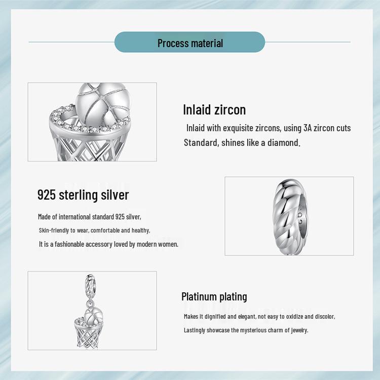 Yinziyun S925 Silber Platin-plattiert 3D Basketball Anhänger für DIY Armbänder