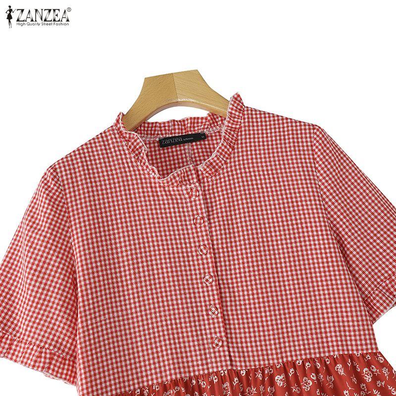 ZANZEA Women Casual Round Neck Loose Short Sleeve Plaid Print Dress