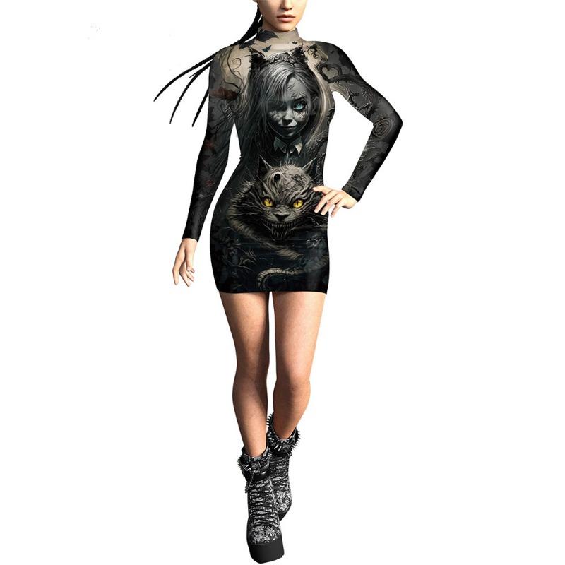 Halloween Costume Women's Dress Digital Printing Pumpkin Slim-Fit Long Sleeve Sexy Tight Hip Wrap Dress