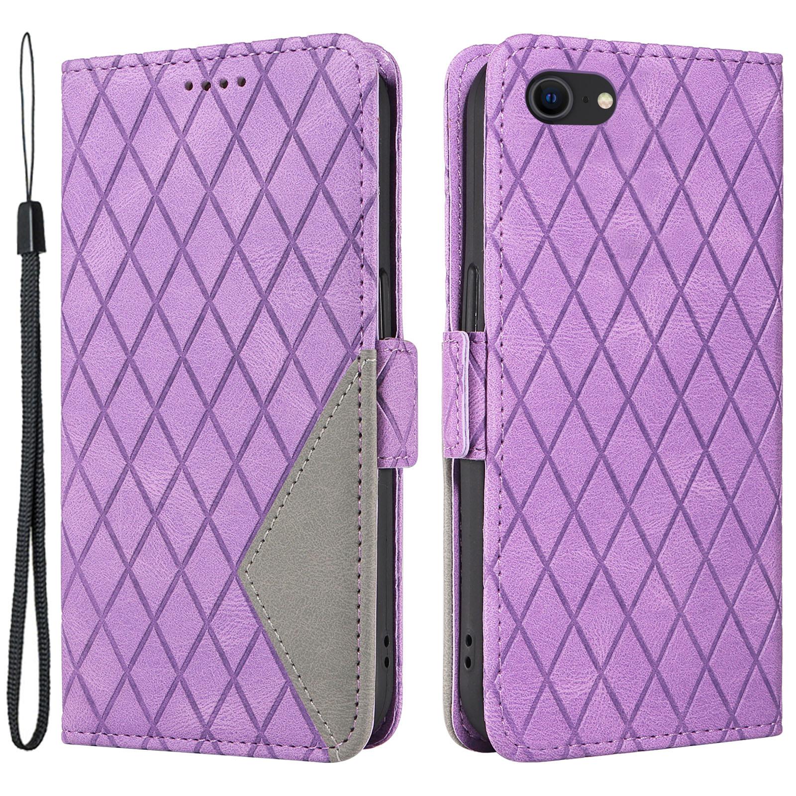 

For iPhone 6/6s/7/8/SE (2020)/SE (2022) Rhombus Imprinted Stand Cover Color Splicing Phone Leather Wallet Case Purple