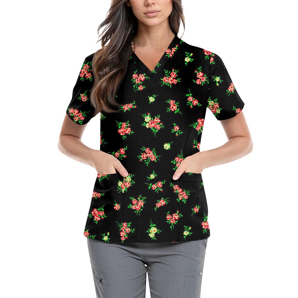 Women's Cute Printed Work Clothes V-neck Double Layer Pockets Basic Short Sleeve Top Pullover Valentines