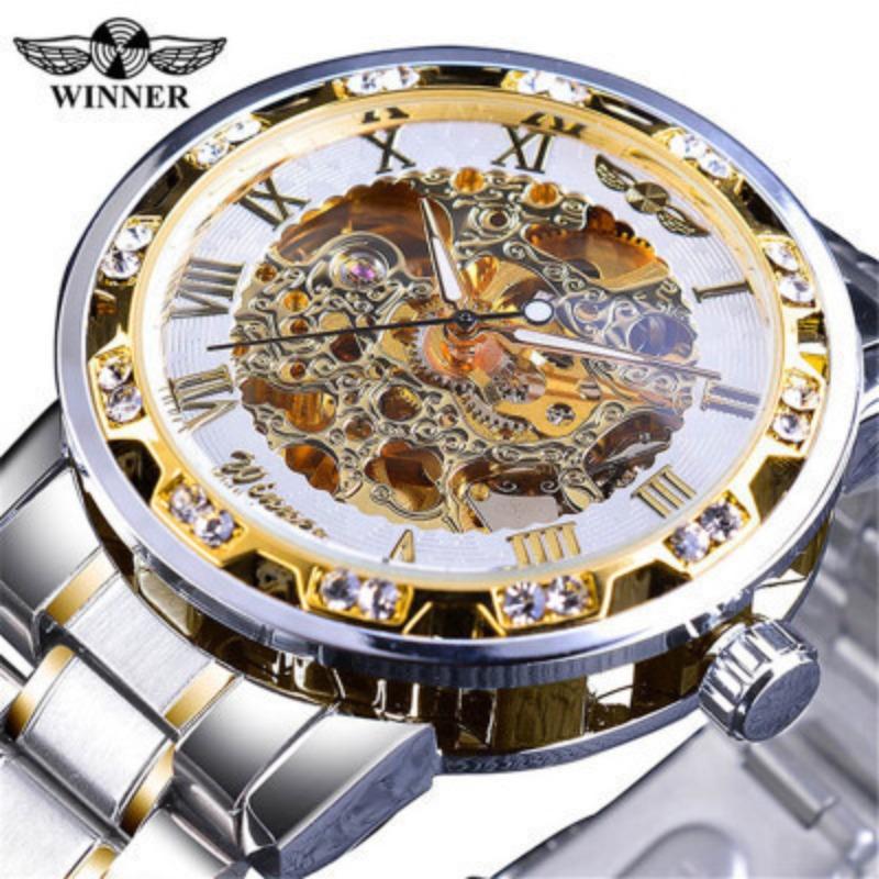 Winner One Winner Herren Mode Lässig Skelett Strass Manuell Mechanische Uhr für Herren Trendig