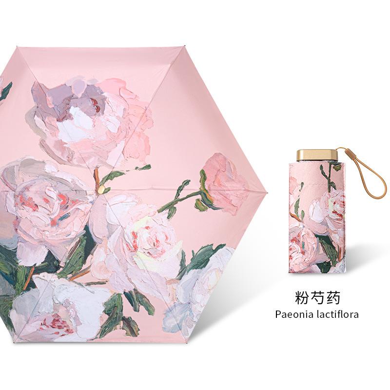 Mini Manual Compact Umbrella Rose Oil Painting Umbrella Pink with Multicolored Flowers Travel Uv Umbrella Woman Paraguas