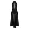 Damen Lyrisches Tanzkostüm Neckholder Träger Rücken Design Glänzende Strasssteine Schlitzkleid Bühnenauftritt Outfit