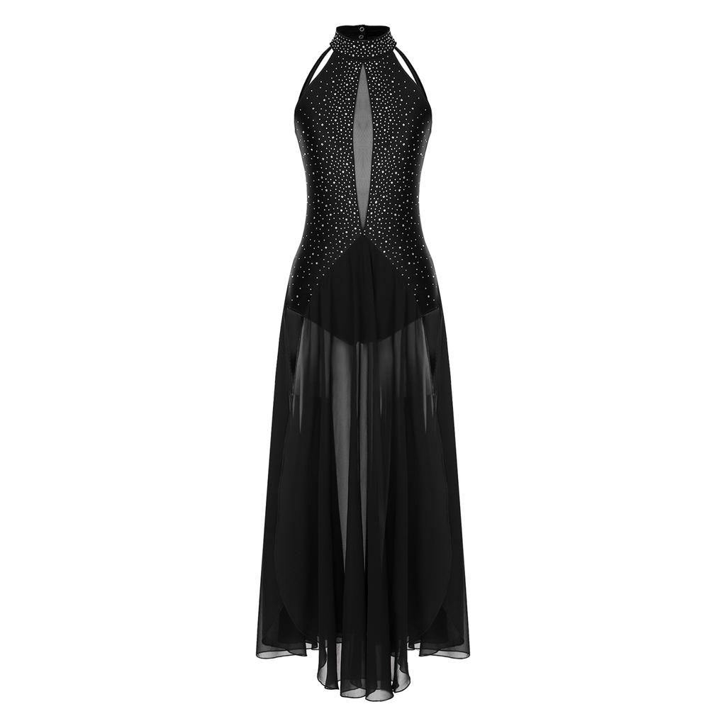 Damen Lyrisches Tanzkostüm Neckholder Träger Rücken Design Glänzende Strasssteine Schlitzkleid Bühnenauftritt Outfit