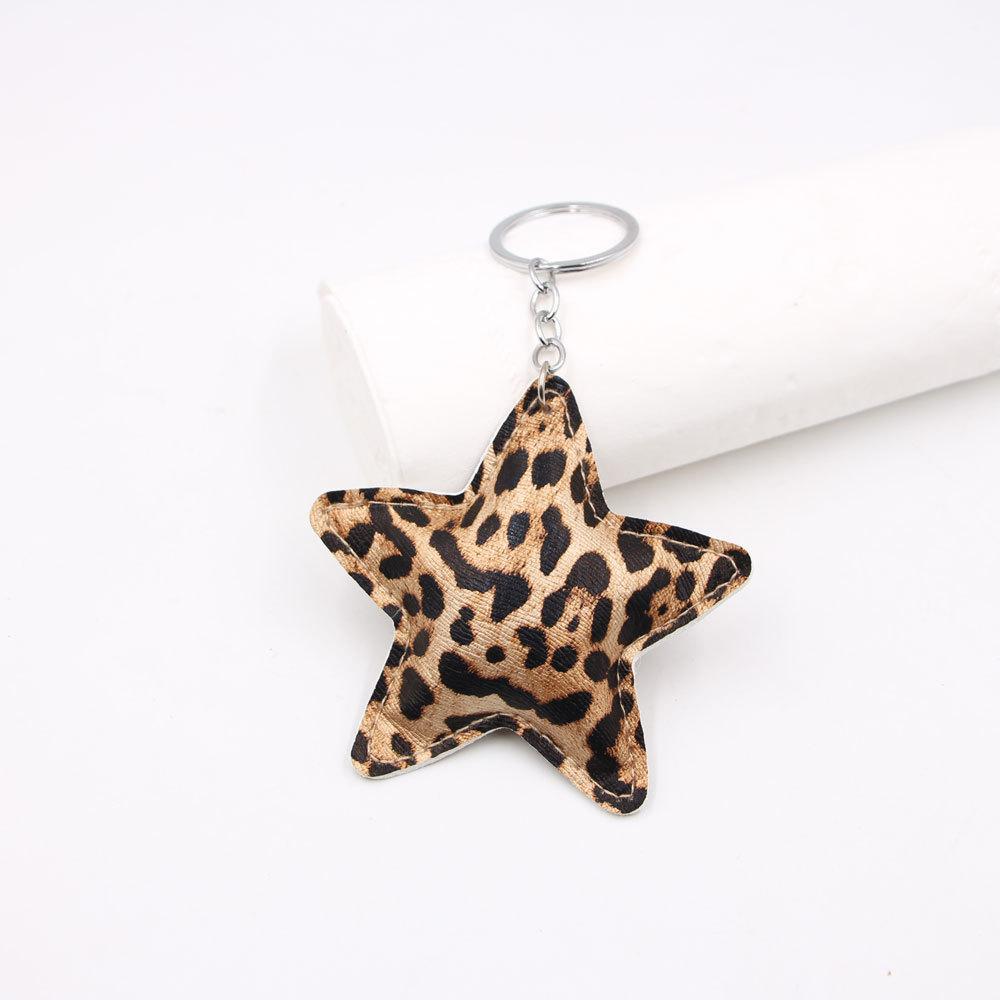 New Fashion Leopard Print Five-pointed Star Leather Car Keychain Luggage Pendant Women's Key Chain Bag Accessory Gift Decoration