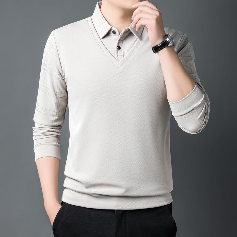 Pánská ležérní pletená košile s dlouhým rukávem a fleecovou podšívkou, vyšívaná kostka, vzhled vrstvení, klopový límec, mírně pružná tkanina na podzim/zimu