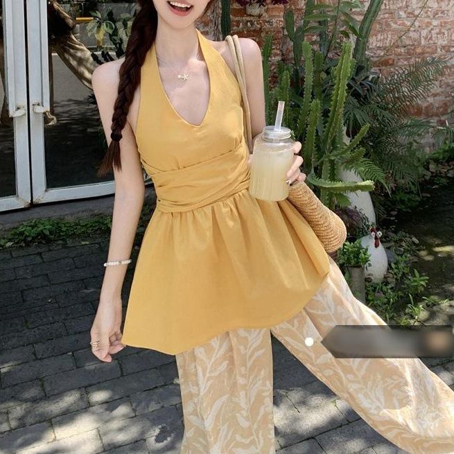 Pure desire V-neck strap waist neck vest mopping floor casual pants summer 2026 new fashion suit women s S