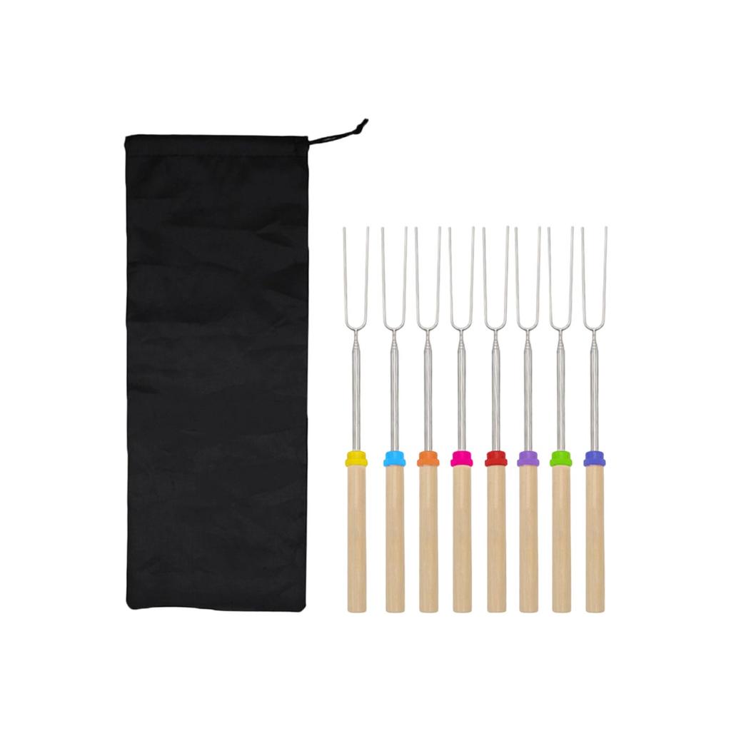 Stainless Steel Telescopic Barbecue Forks Set with Wooden Handles U Shaped Skewers for Outdoor Grilling Roasting Marshmallows Hot Dogs Camping BBQ