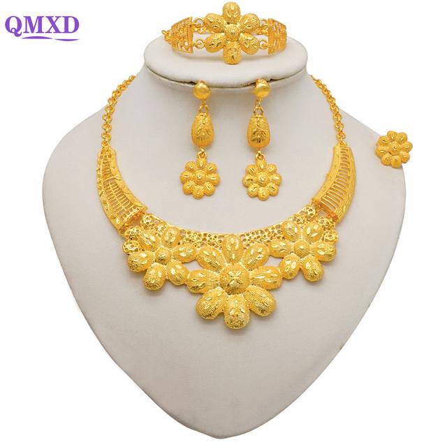 Seturi de bijuterii de culoare aurie Dubai pentru femei Cercei și colier indieni Nigeria Cadouri de nuntă de mireasă marocane
