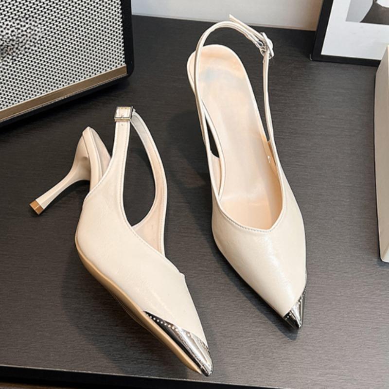 Fashion Pointed Stiletto Heels Summer New Head Metal Head Shallow Mouth Metal Buckle Anti-slip Wear-resistant Sandals