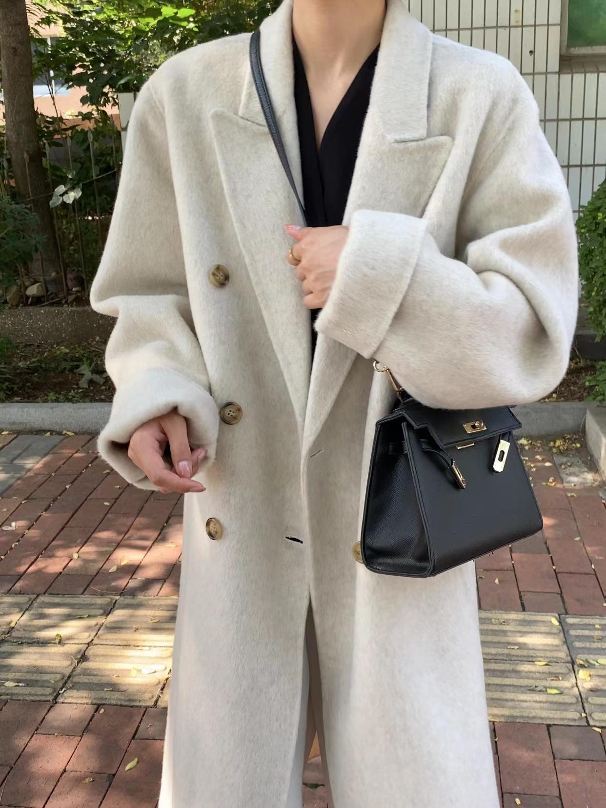 

[Осень и Зима] Простой костюм свободное двустороннее шерстяное пальто двубортное длинное белое M