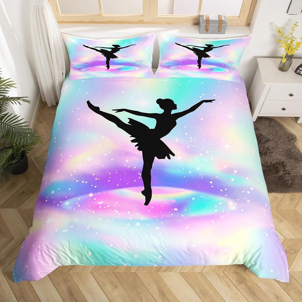 Rainbow Bedding Set for Girls Ballet Duvet Cover Dancing Ballerina Silhouette Comforter Cover Twin Tie Dye Starry Sky Bed Cover