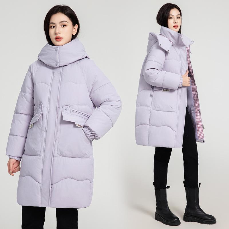 Damen Herbst- und Wintermantel Kontrastfarbe Locker Kapuze Mittellang Verdickt Winddicht Damenjacke 5 Farben