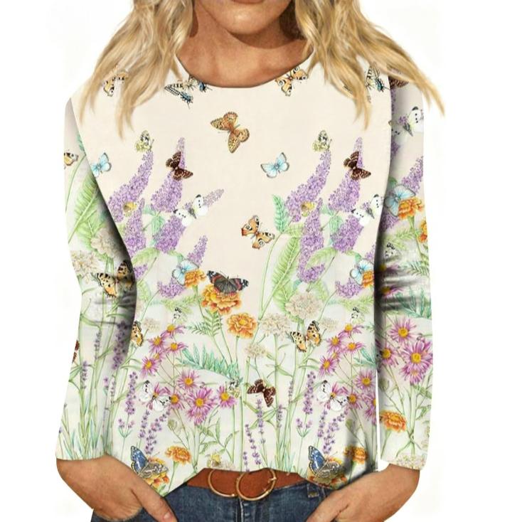 

Spring and Autumn Round Neck 3D Flower Pattern Printed Top Fashionable Temperament Casual Long Sleeved Women s T-shirts 5XL