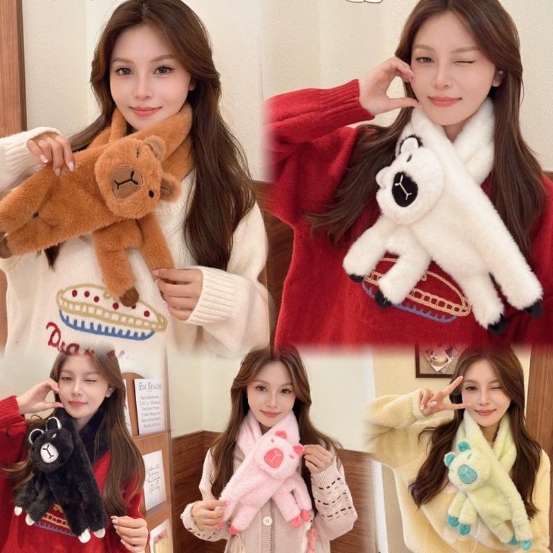 1Pc Fur Collar Soft Polyester Fiber Cartoon Plush Scarf Skin-friendly Faux Rabbit Fur Warm Capybara Clothing Accessories