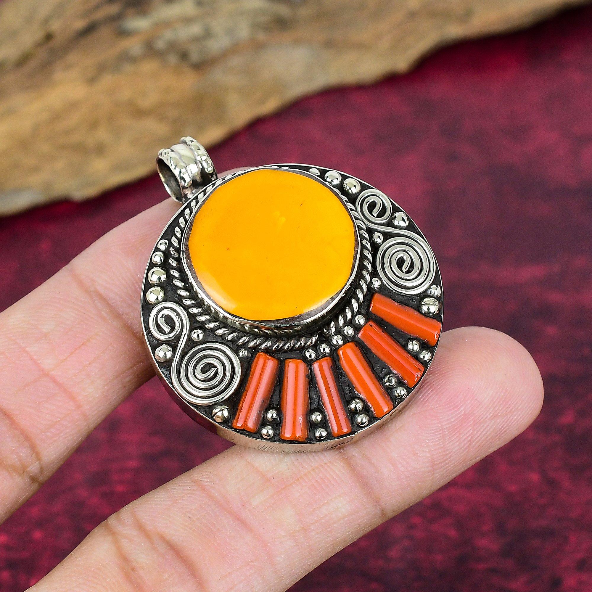 

Coral & Turquoise Pendant, Gemstone 925 Solid Sterling Silver Jewelry Nepali Pendant, Handmade Jewelry Birthstone Pendant, Gift For Him