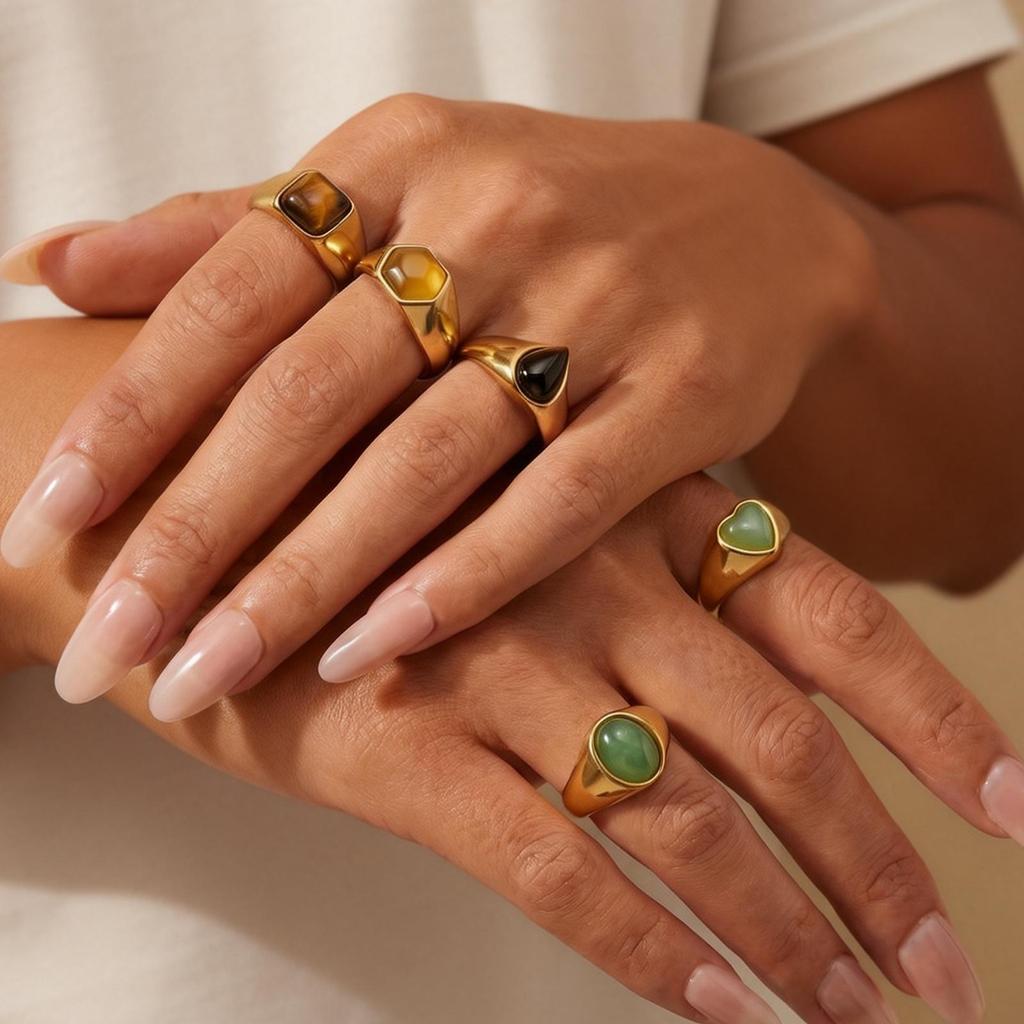Statement Natural Stone Rings for Women,Stainless Steel Heart Water Drop Geometric Finger Ring,Hip Pop Jewelry Gift