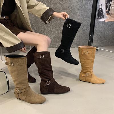 2025 New Dongdaemun, Inner Height Increase 5cm Long Boots Korean Fashion Buckle Design Stacked Medium Boots Women