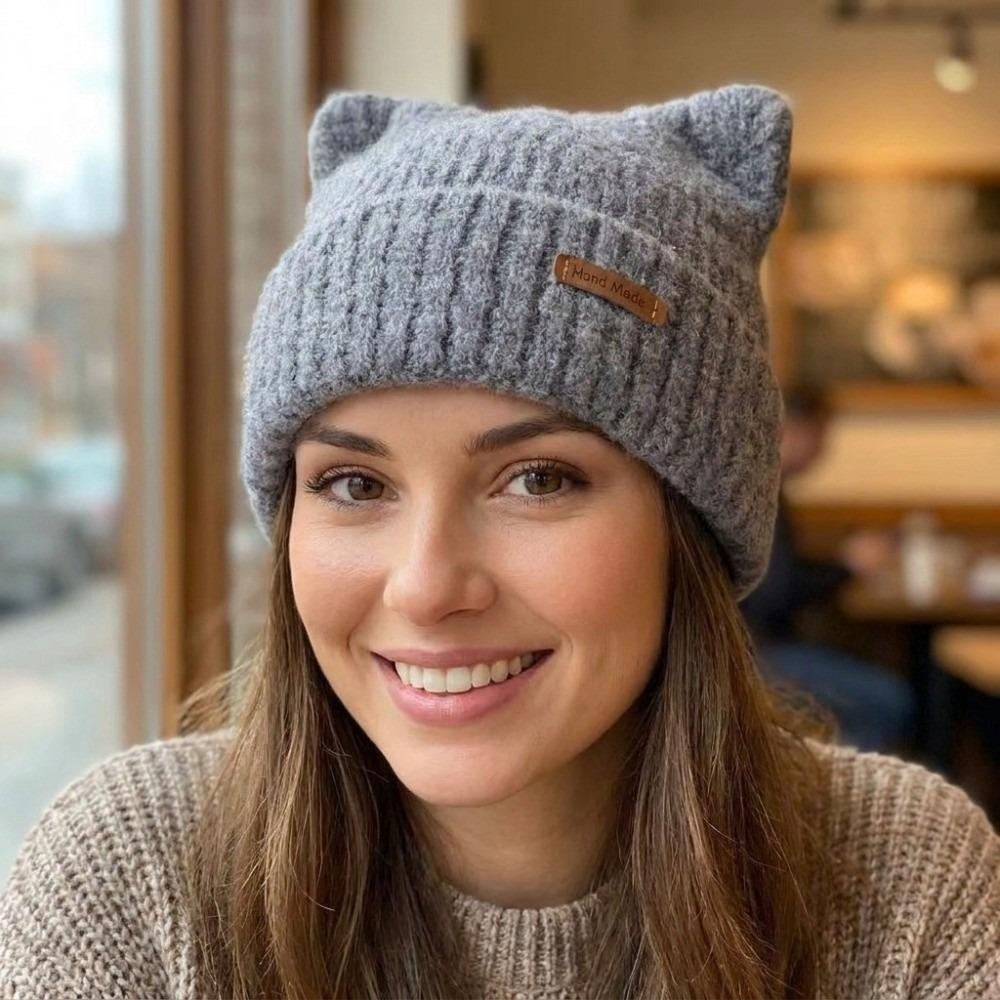 Warm Cat Ear Beanie Soft Face Slimming Cap Kawaii Winter Knitted Hat Women
