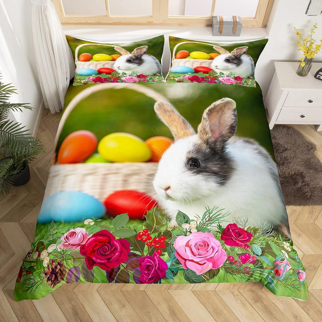Kaninchen Bettbezug Set Frohe Ostern Bettdeckenbezug für Kinder Mädchen Bauernhaus Tier Bettwäsche Set Niedlich Kawaii Tiere Steppdeckenbezug