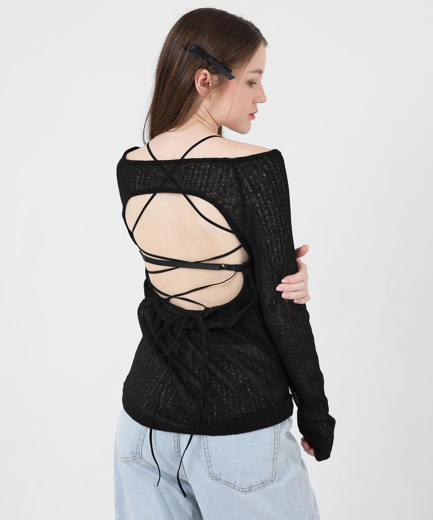 CATTLINE See-Through Back Slit Long Sleeve Knit (Black)