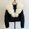 Womens Short Puffer Coat With Oversized Fox Fur Collar Warm Winter Outerwear Loose Fit Stylish Daily Wear